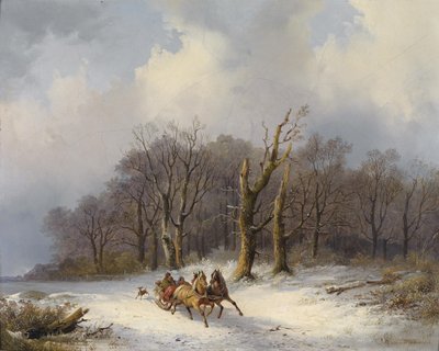 Winter Landscape with Horse-Drawn Sleigh in the Foreground by Remigius Adrianus Haanen